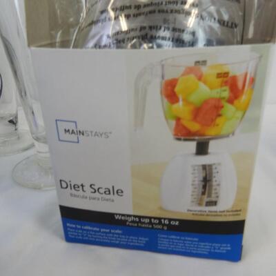 16 pc Kitchen: Blue and Green Glasses, Mainstays Diet Scale, Pur Pitcher