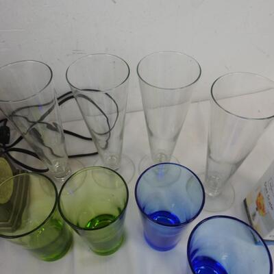 16 pc Kitchen: Blue and Green Glasses, Mainstays Diet Scale, Pur Pitcher