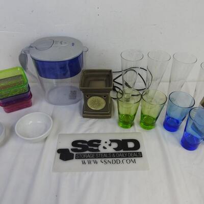 16 pc Kitchen: Blue and Green Glasses, Mainstays Diet Scale, Pur Pitcher