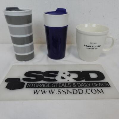 3 Drinking Cups, Two Tall Glass with Lid, One Starbucks 1971 Mug