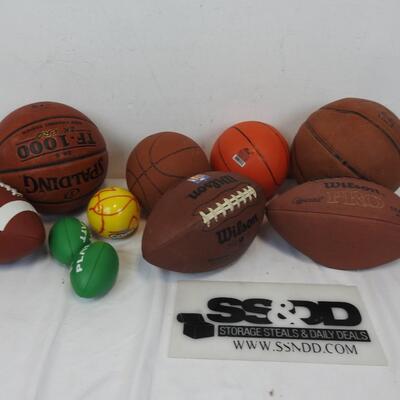 Lot of 10 Balls, Basketballs, Footballs, Wilson, Spalding