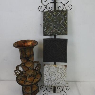 2 pc Metal Decor: Metal Vase, Metal Wall Decor