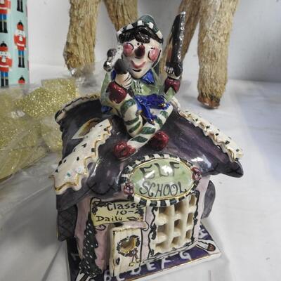 8 pc Christmas Decor: Elf School Candle Holder, 2 Boxes, 2 Small Lighted Trees