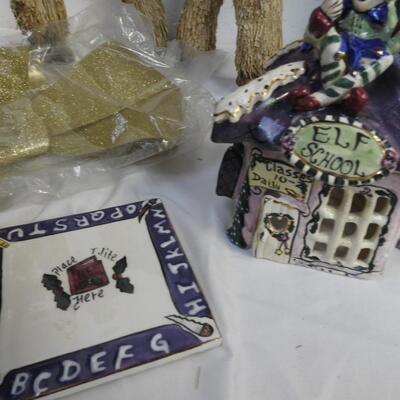 8 pc Christmas Decor: Elf School Candle Holder, 2 Boxes, 2 Small Lighted Trees