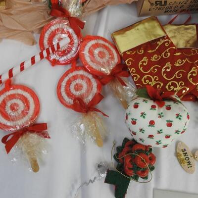 Christmas Lot: Assorted Ornaments, Light Bulbs, light Set, Small Pillow