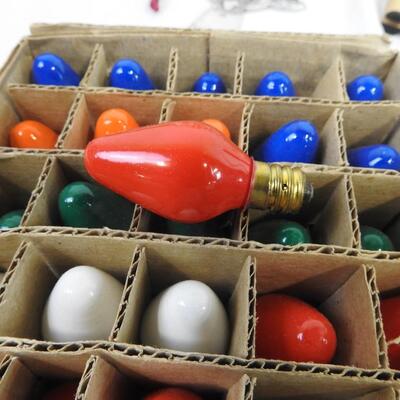 Christmas Lot: Assorted Ornaments, Light Bulbs, light Set, Small Pillow