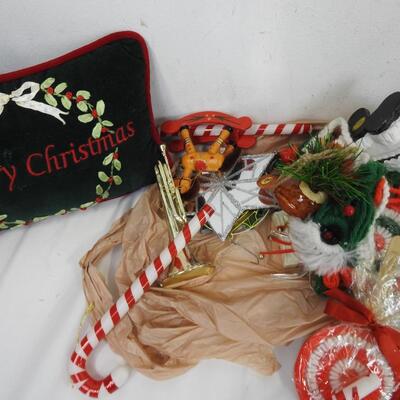 Christmas Lot: Assorted Ornaments, Light Bulbs, light Set, Small Pillow
