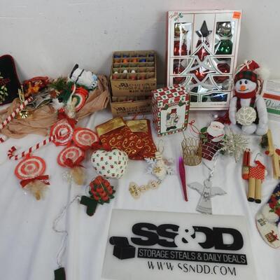 Christmas Lot: Assorted Ornaments, Light Bulbs, light Set, Small Pillow