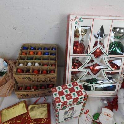 Christmas Lot: Assorted Ornaments, Light Bulbs, light Set, Small Pillow