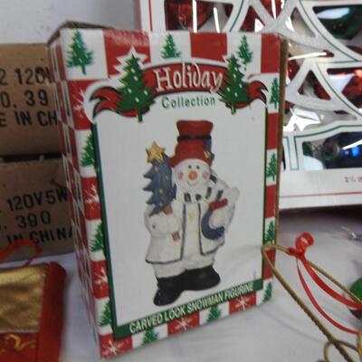 Christmas Lot: Assorted Ornaments, Light Bulbs, light Set, Small Pillow