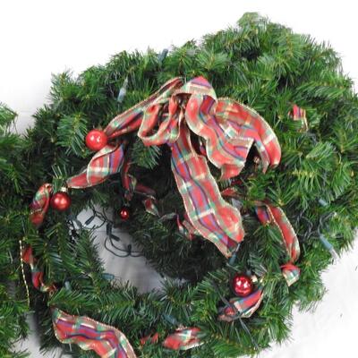 3 pc Christmas, Garland, 2 Lighted Wreaths with Red Ribbon