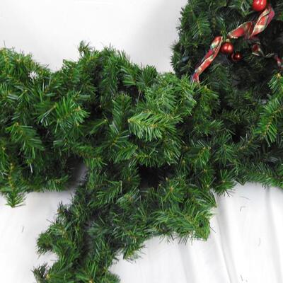 3 pc Christmas, Garland, 2 Lighted Wreaths with Red Ribbon