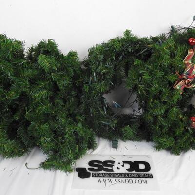 3 pc Christmas, Garland, 2 Lighted Wreaths with Red Ribbon