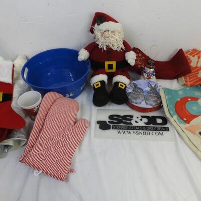 13 pc Christmas: 2 Mugs, Santa, Snowman Bucket, Stockings