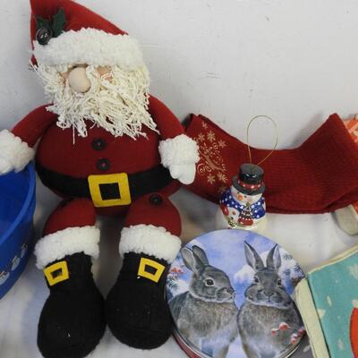 13 pc Christmas: 2 Mugs, Santa, Snowman Bucket, Stockings