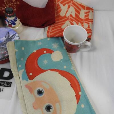 13 pc Christmas: 2 Mugs, Santa, Snowman Bucket, Stockings