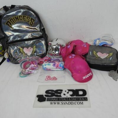 Place Silver Princess Backpack, Knee and Elbow Pads, Lunch Box, Piggy Coin Bank