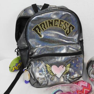 Place Silver Princess Backpack, Knee and Elbow Pads, Lunch Box, Piggy Coin Bank
