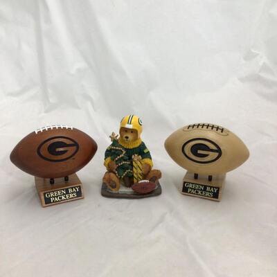 (71) PACKERS | NFL Branded Football Bear Figure | Solid Wood Miniature Footballs