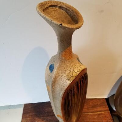 Tall mid-century ceramic hand-painted vase with Raku texture and faux wood imagery