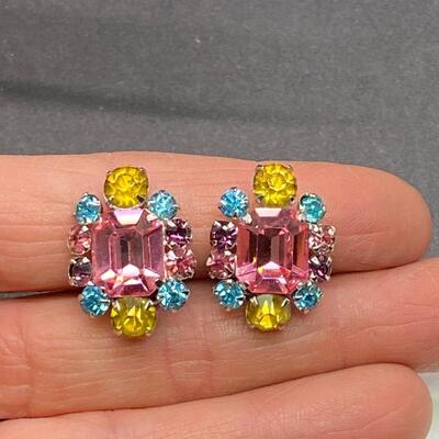 Vintage Coro Fruit Salad Rhinestone Clip Style Earrings