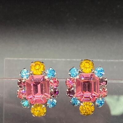 Vintage Coro Fruit Salad Rhinestone Clip Style Earrings
