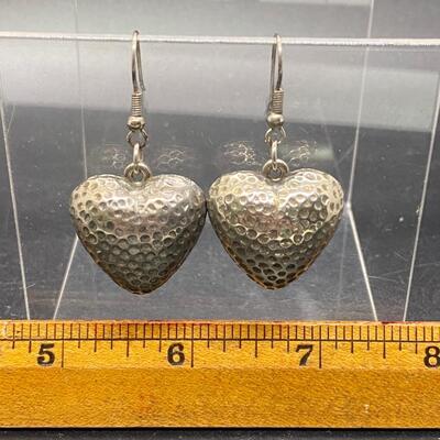 Textured Silver Tone Heart Shaped Dangle Earrings & Pendant Charm