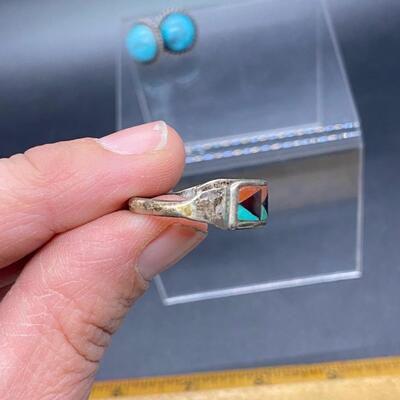 Vintage Southwestern Old Pawn Sterling Silver Turquoise Button Earrings & Ring