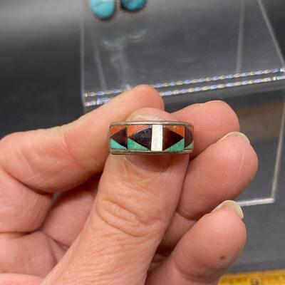 Vintage Southwestern Old Pawn Sterling Silver Turquoise Button Earrings & Ring