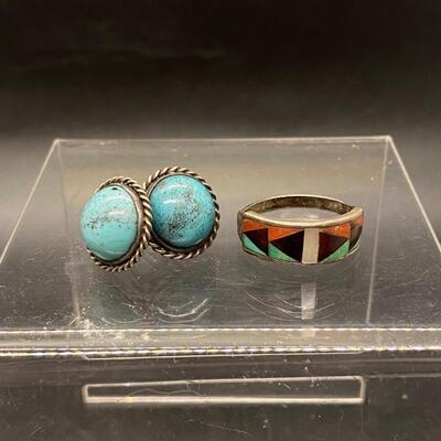 Vintage Southwestern Old Pawn Sterling Silver Turquoise Button Earrings & Ring
