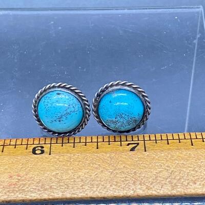 Vintage Southwestern Old Pawn Sterling Silver Turquoise Button Earrings & Ring