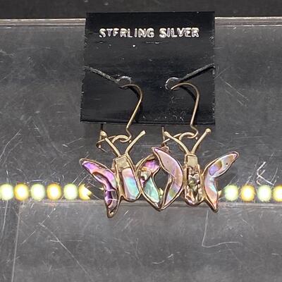 Small Dangling Sterling Silver & Abalone Butterfly Earrings