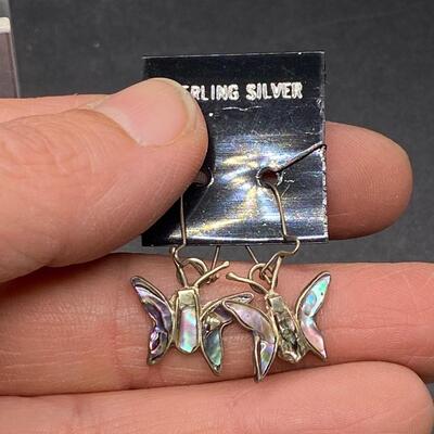 Small Dangling Sterling Silver & Abalone Butterfly Earrings