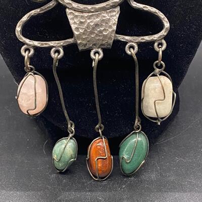 Abstract Souvenir Tribal Man Pendant Statement Necklace Polished Stones