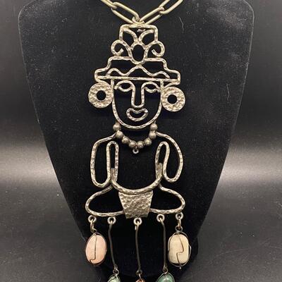 Abstract Souvenir Tribal Man Pendant Statement Necklace Polished Stones