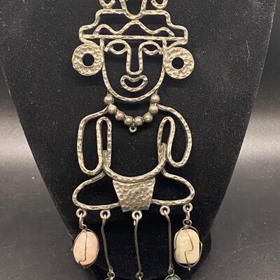 Abstract Souvenir Tribal Man Pendant Statement Necklace Polished Stones