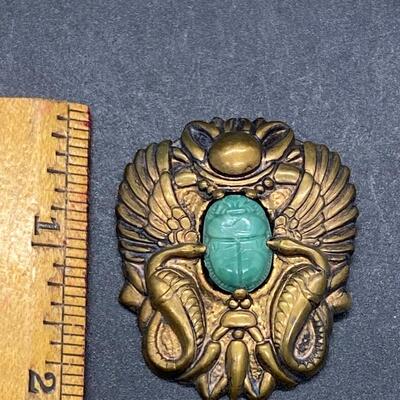 Vintage Art Nouveau Deco Egyptian Stamped Brass Metal Scarab Pin Brooch