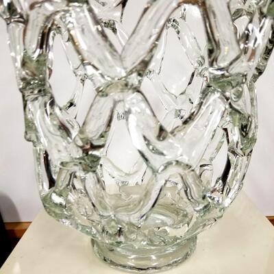 Large Vintage brutalist glass vase with rare basket-weave design