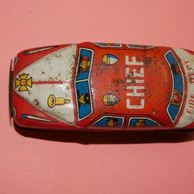 Mid Century Tin Lithograph Fire Dept, Fire Chief Car - Friction Drive