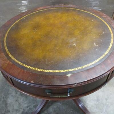 Vintage Duncan Phyfe Drum Table with Leather Top and Gold Embossing