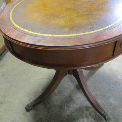 Vintage Duncan Phyfe Drum Table with Leather Top and Gold Embossing