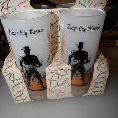 Wild West! Set of 4 Mid Century Dodge City Marshall Highball Drink Glasses - MCM