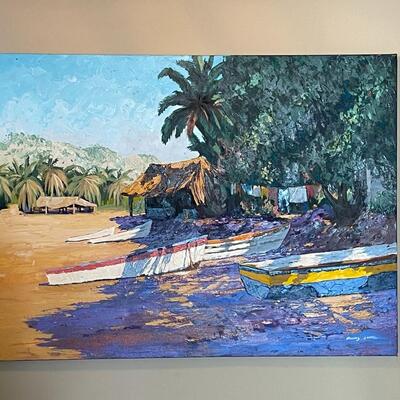 LOT 11    SIGNED HOWARD LAYTE  ACRYLIC ON CANVAS TROPICAL BEACH SCENE PAINTING