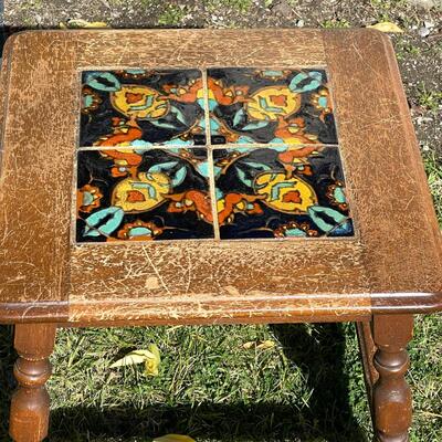 LOT 14   ANTIQUE MONTEREY STYLE TILE TOP TABLE AS IS