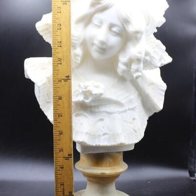 Antique Marble Stone Alabaster Bust Woman in Bonnet Statue