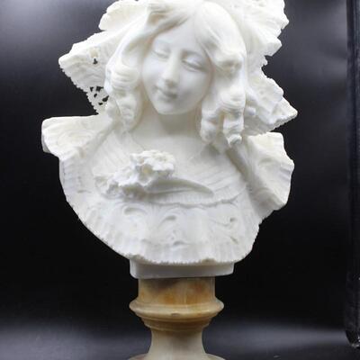 Antique Marble Stone Alabaster Bust Woman in Bonnet Statue