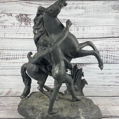 Vintage Marley Horse Spelter Metal Statue Man Holding a Horse Metal