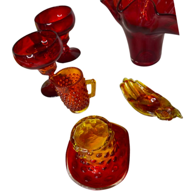 Assortment of Ruby, Yellow & Orange Vintage Glassware