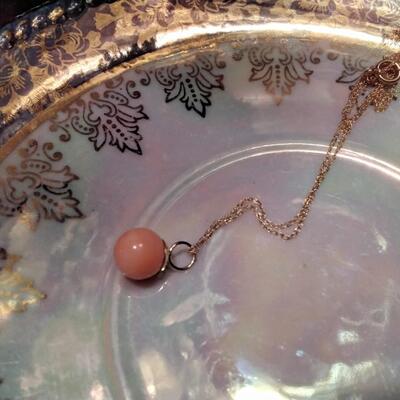 Fine 7 1/2 MM Pink Cloud Angel Skin Coral Drop extra Large 14kt hoop on 14k solid gold chain