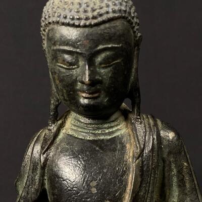 Beautiful Antique Standing Bronze Temple Buddha holding an offering
